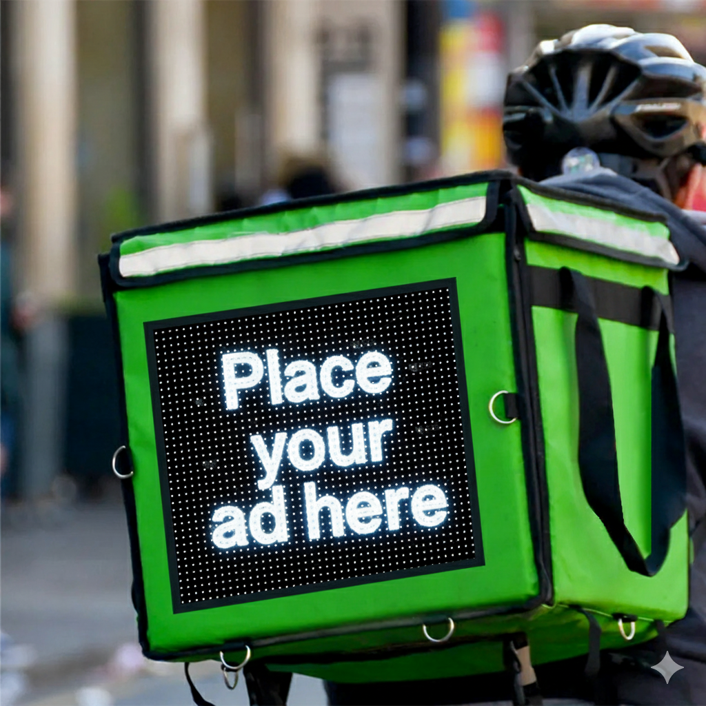 Delivery rider with LED screen on courier bag showing 'Place your ad here'